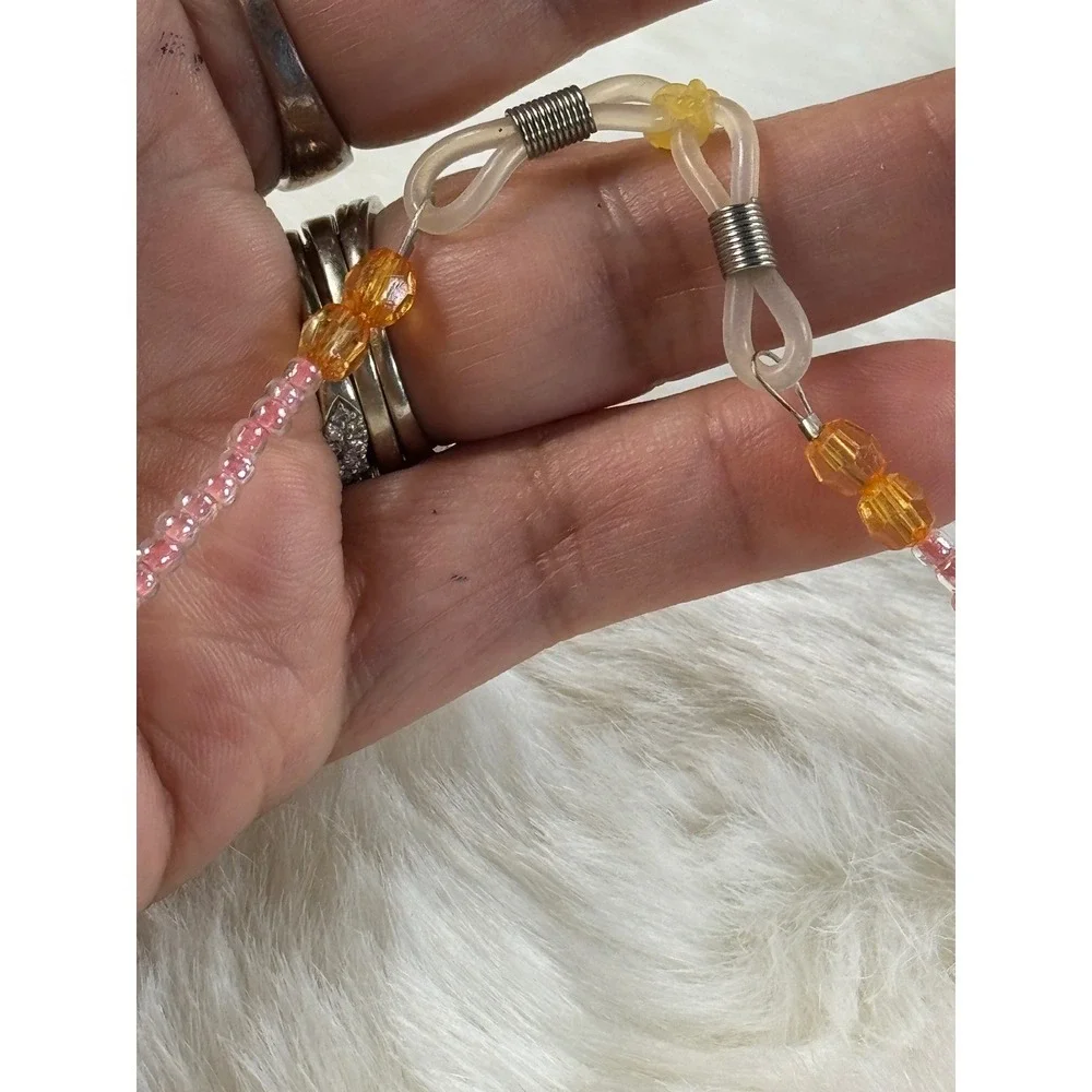 Handmade Amber Crystal Wire Wrapped Beaded Eyeglass Chain Necklace Pink Gold